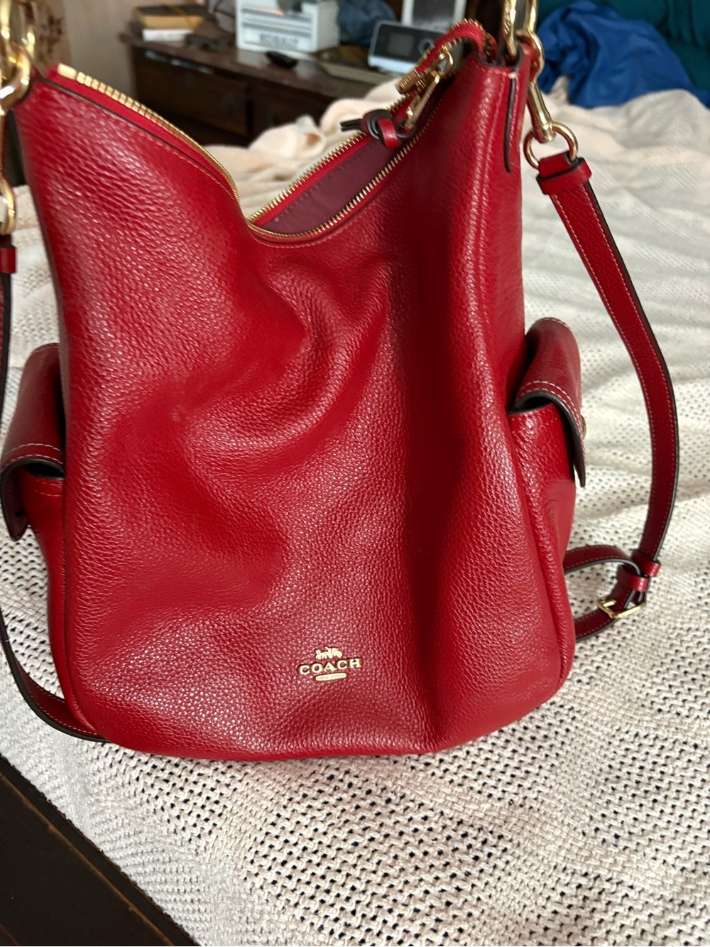 Coach Red Pebbled Leather Shoulder Hobo with Gold Hardware